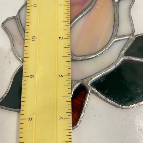 Handcrafted Stained Glass Rose Sun Catcher With Pink & White Petals Green Leaves - Picture 5 of 8